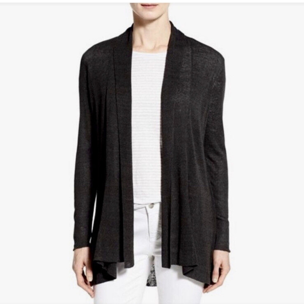 Eileen Fisher Lightweight Open Front Sweater 100% Merino Wool Black Size XS